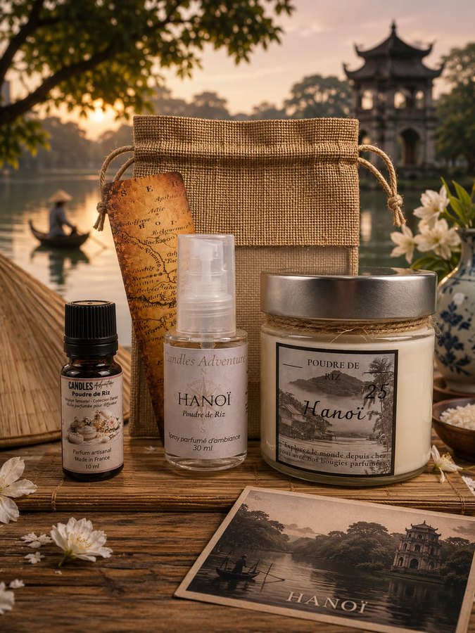 Coffret voyage olfactif avec une bougie parfumée, un parfum d'ambiance et une huile parfumée