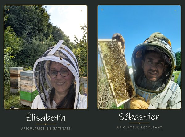 Élisabeth et Sébastien GOISET, apiculteurs dans le Gâtinais, en tenue devant leurs ruches