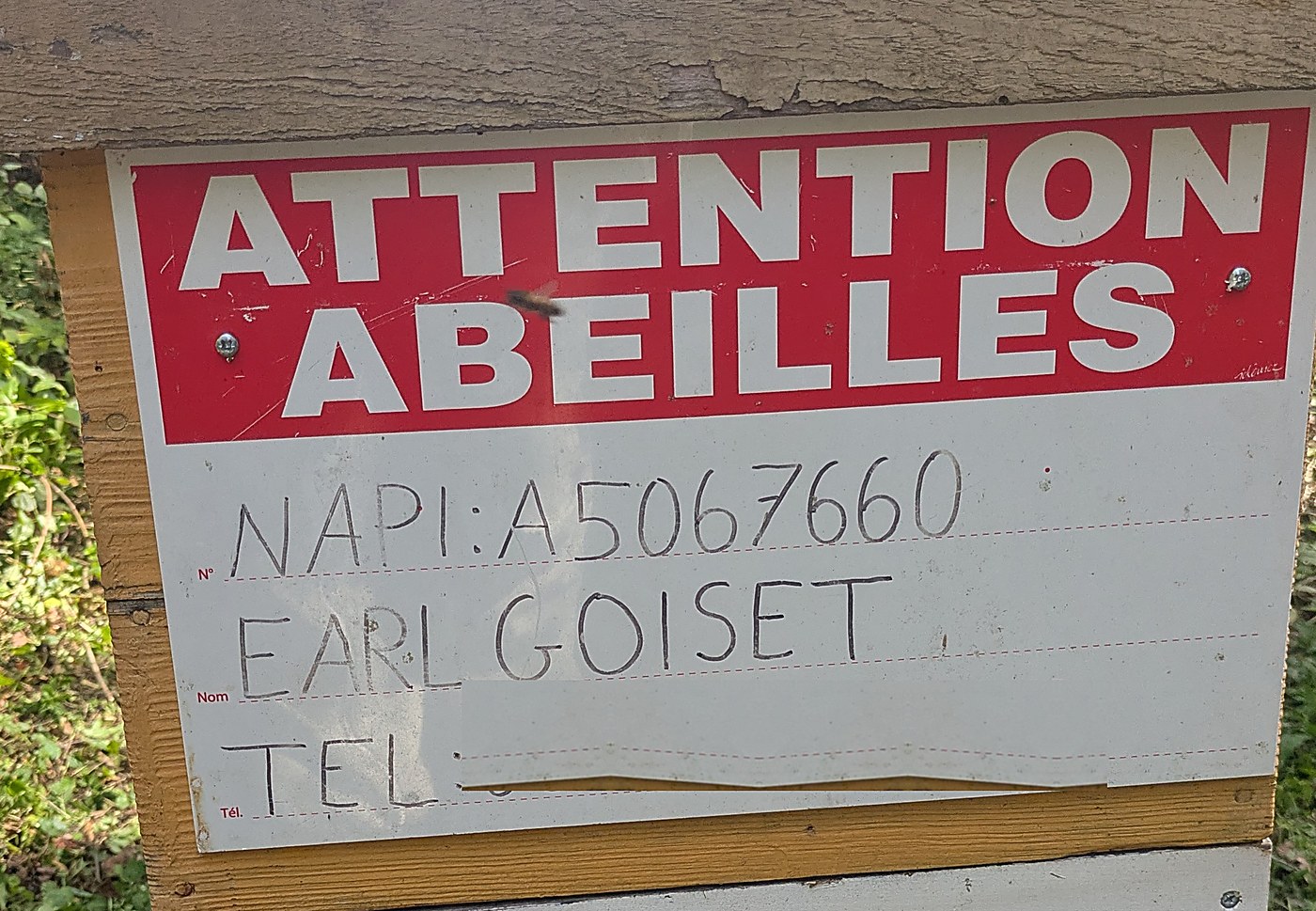 Pancarte reglementaire sur une ruche du rucher de Villemarechal, portant le numero d'apiculteur NAPI A5067660